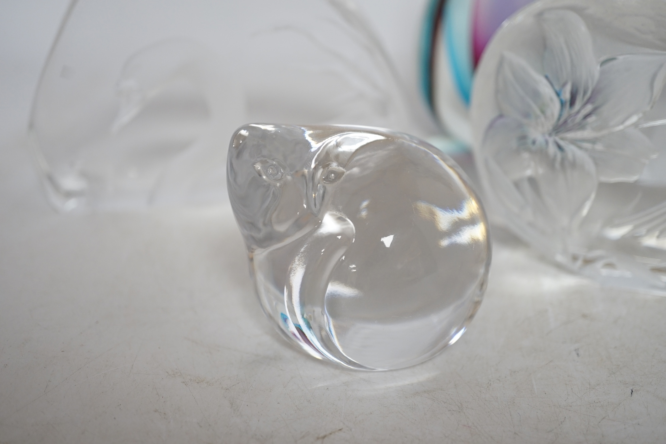 Three large iceberg shaped bird and bear signed glass paperweights, a small Goebel paper weight and another, tallest 16cm high. Condition - good